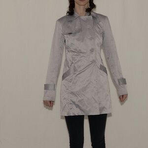 Y2k silver trench coat button up size medium B wear